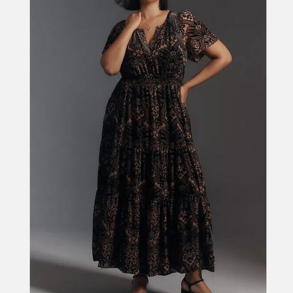 Anthropologie The Somerset Velvet Edition Maxi Dress Tiered Black M Nwt Medium - Picture 4 of 7